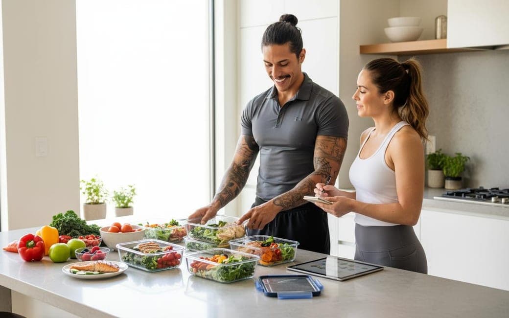 Nutrition coach and client portioning prepared meals in a kitchen