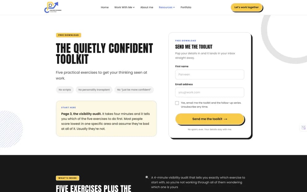 The Quietly Confident Toolkit, opt-in page designed for Parveen